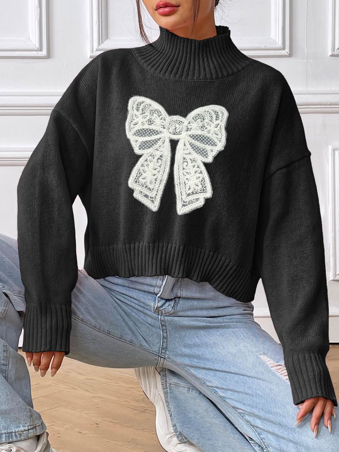 Bow Turtleneck Long Sleeve Sweater