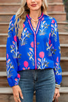 Blue Floral Print Pop Of Color V Neck Puff Sleeve Blouse