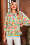 Green Floral Print Striped Trim Puff Sleeve Babydoll Blouse
