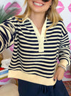 Blue Striped Long Sleeve V Neck Top