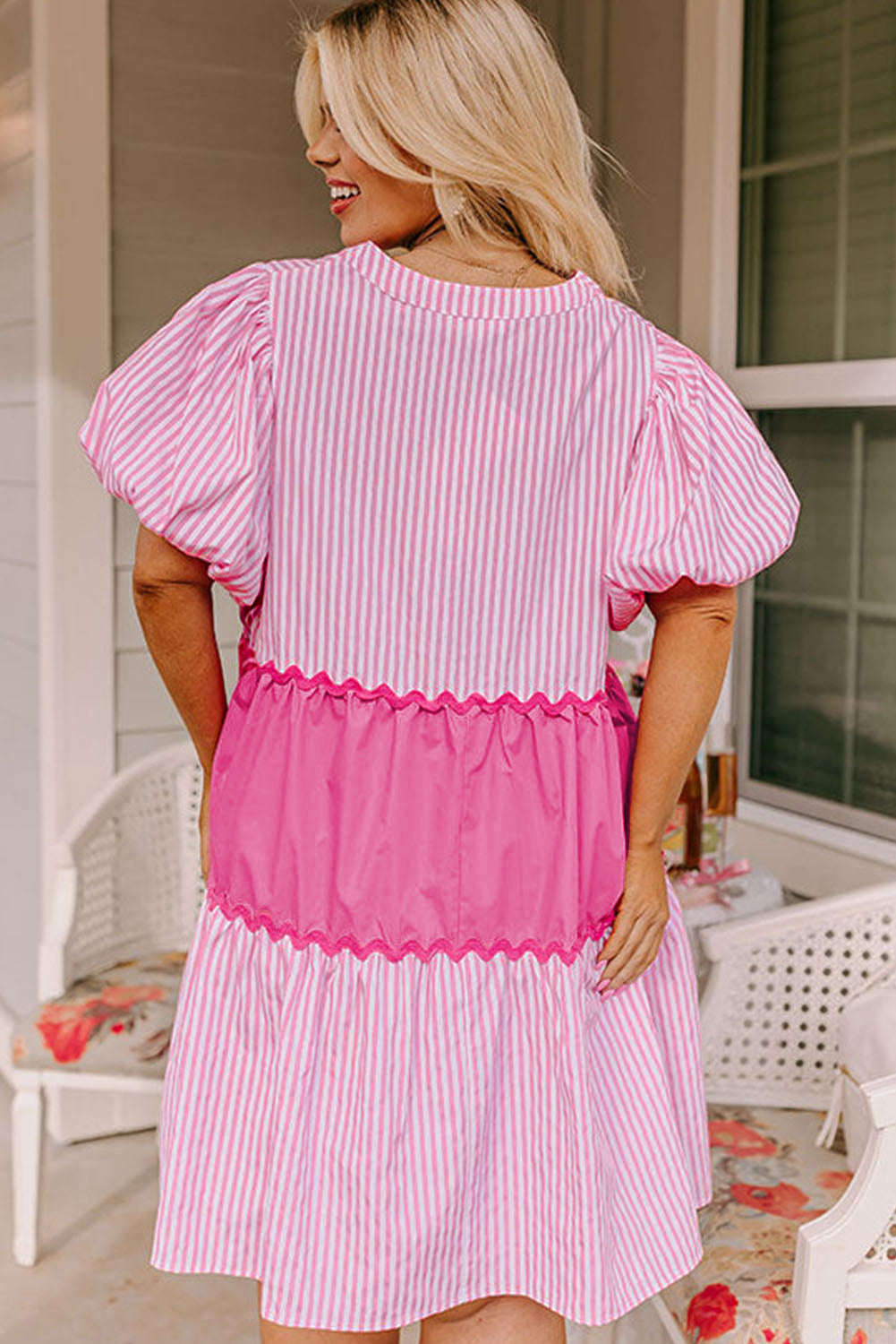 Pink Ric Rac Puff Short Sleeve Striped Flowy Plus Dress