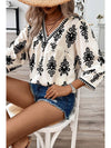 Beige Abstract Print Puff Sleeve V Neck Blouse