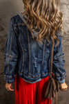 Dark Blue Distressed Fake Two-Piece Hooded Denim Jacket