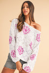 Beige Flower Print Drop Shoulder Hollow Knit Sweater