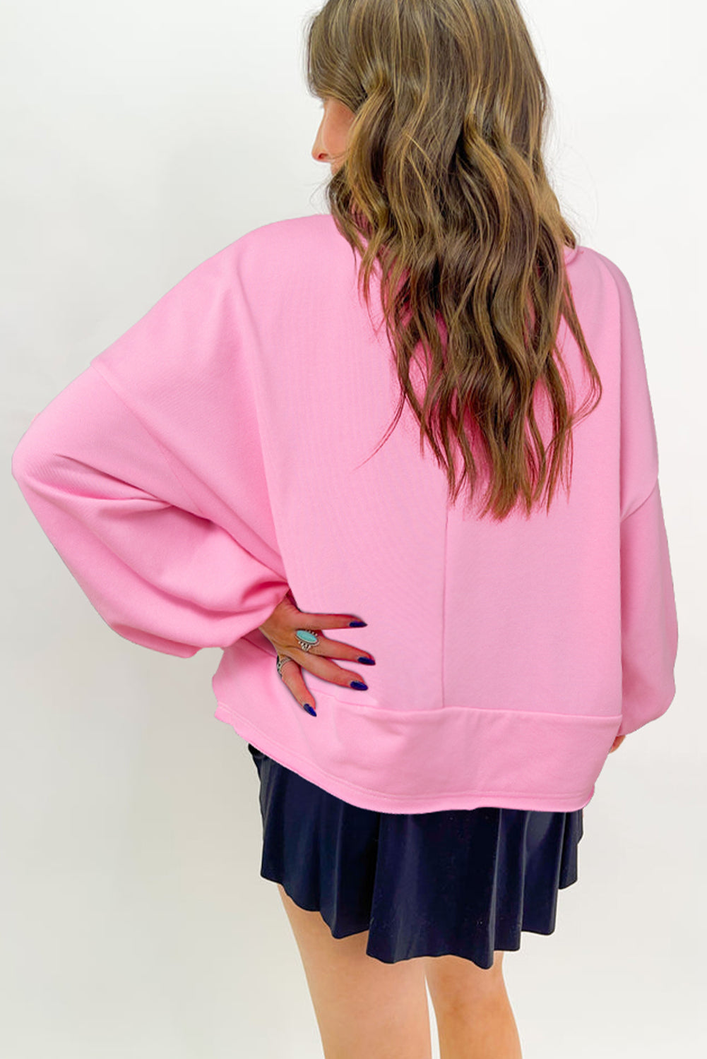 Sachet Pink Plain Drop Sleeve Henley Sweatshirt