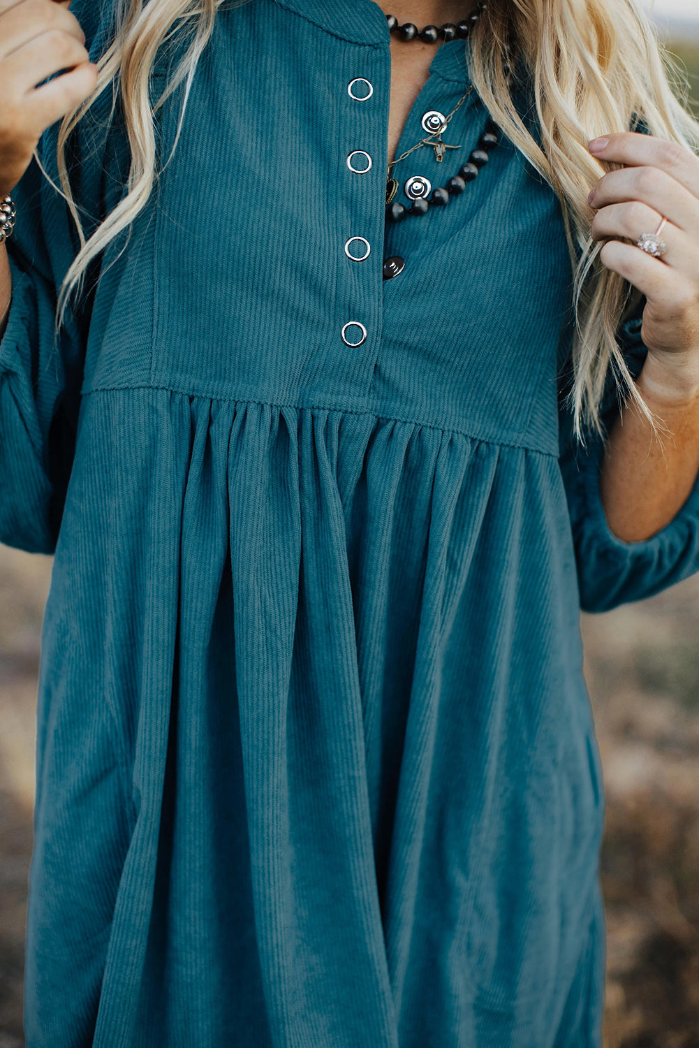 Vineyard Green Light Snap Button Empire Waist Lantern Sleeve Corduroy Dress