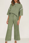 Navy Blue Loose Contrast Trim Half Sleeve Top and Drawstring Pants Set