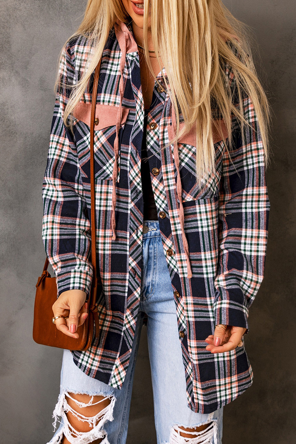 Pink Plaid Contrast Hooded Drawstring Shacket