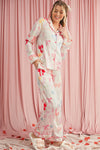 White Bow Print Lapel Collar Wide Leg Satin Pajama Set