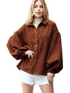 Coffee Corduroy Button Up Lantern Sleeve Jacket