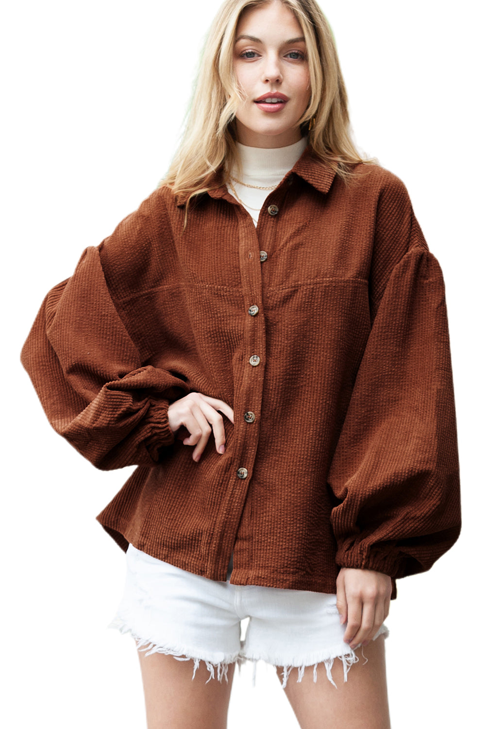 Coffee Corduroy Button Up Lantern Sleeve Jacket