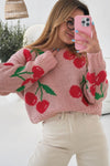 Pink Cherry Print Round Neck Knit Sweater