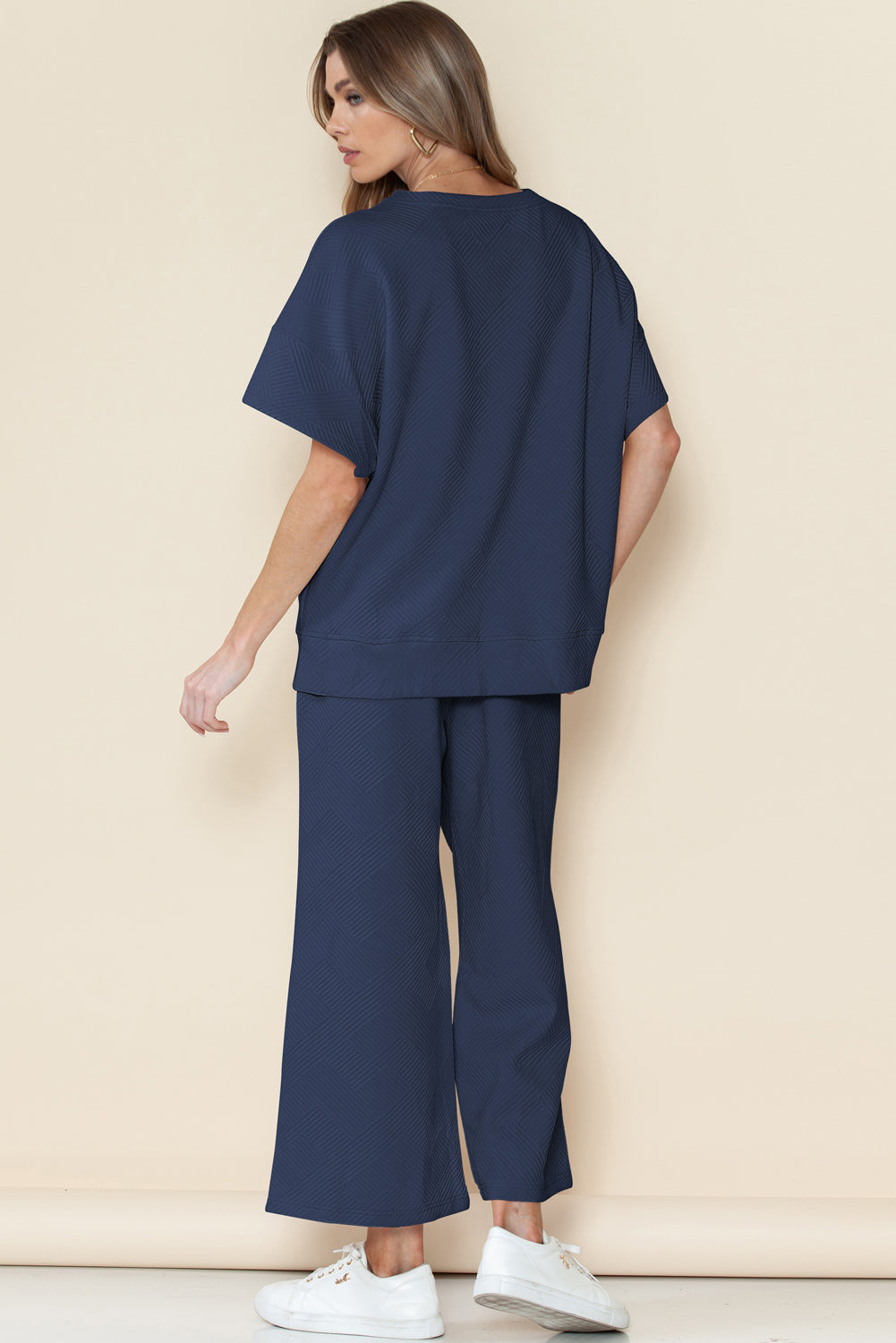 Navy Blue Textured Loose Fit T Shirt and Drawstring Pants Set