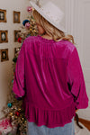 Bright Pink Plus Size Ruffled Sleeve V Neck Velvet Blouse