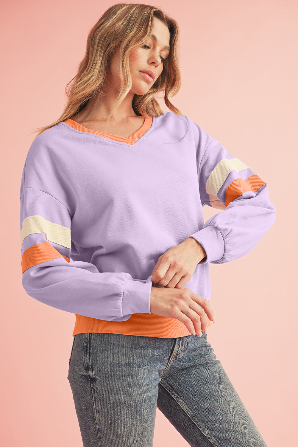 Orchid Rib Patchwork Drop Shoulder V Neck Sweatshirt