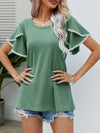 Pom-Pom Trim Flutter Sleeve Round Neck T-Shirt - Cocoa Yacht Club