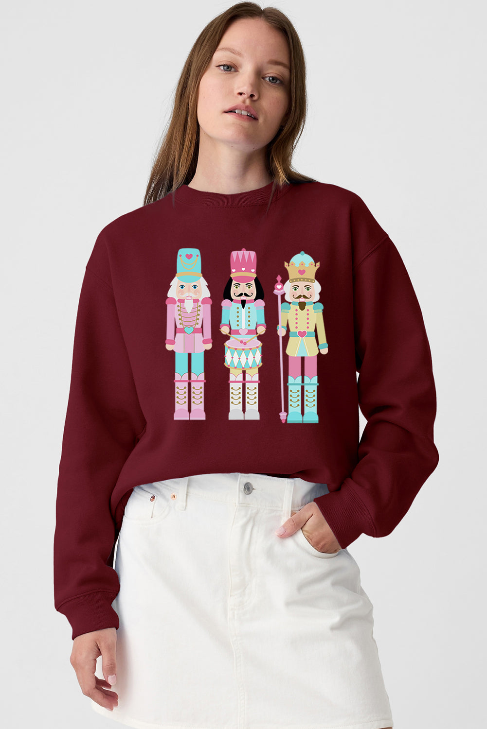 Burgundy Nutcracker Graphic Drop Shoulder Christmas Sweatshirt