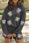 Carbon Grey Twisted Rib Sequin Bow Patched Long Sleeve Top and Shorts Set