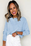 Beau Blue Solid Color Boat Neck Batwing Long Sleeve Top