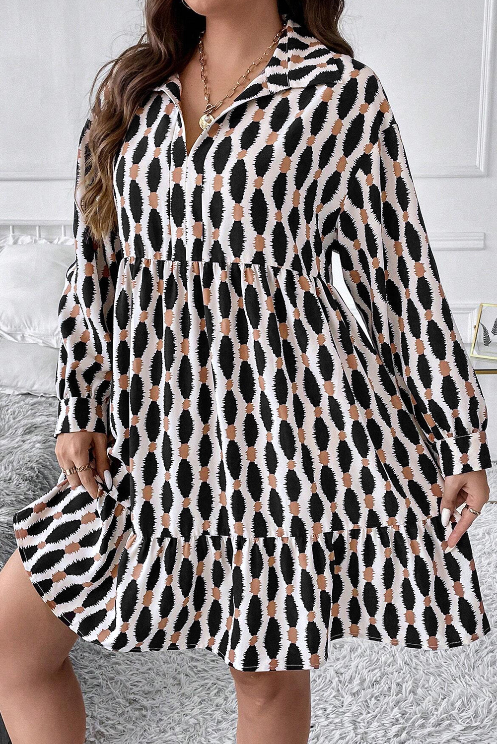 Apricot Abstract Print Collared V Neck Plus Size Mini Dress