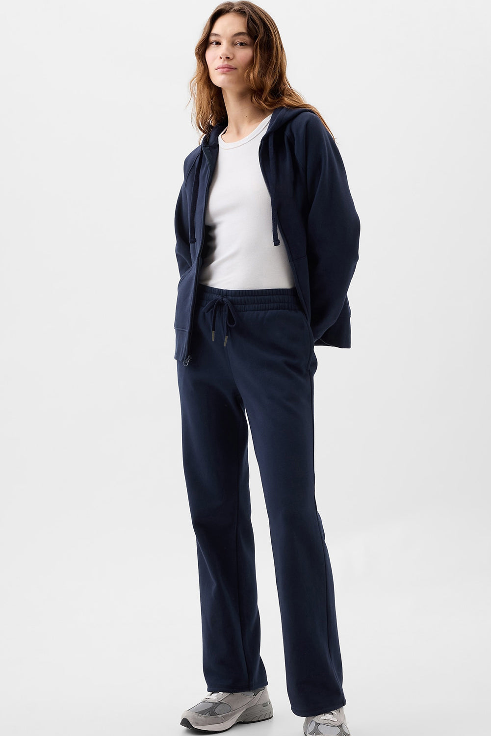 Navy Blue Plain Drawstring Waist Casual Straight Pants