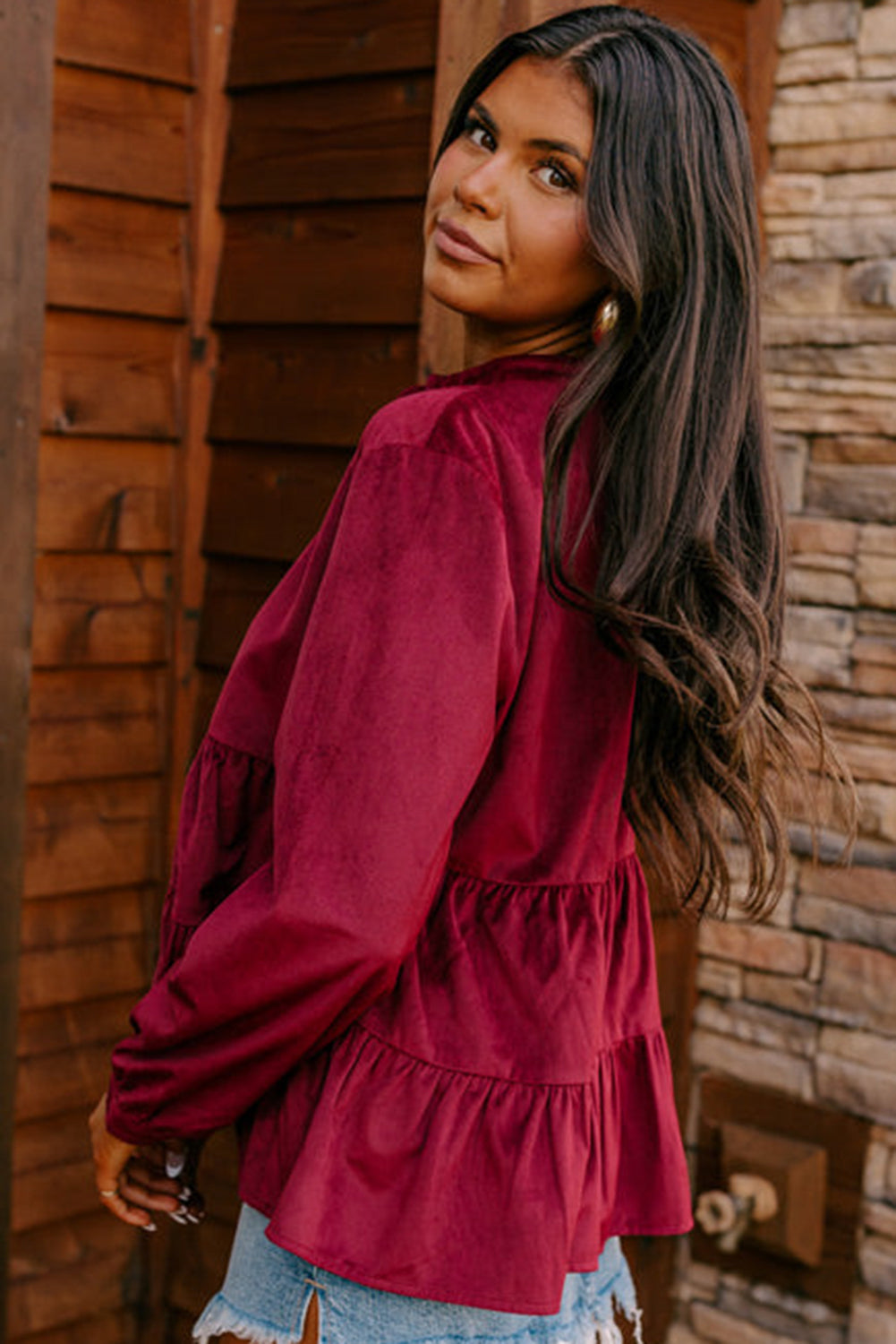 Burgundy Smocked Ruffle Tiered Button-up Shirt