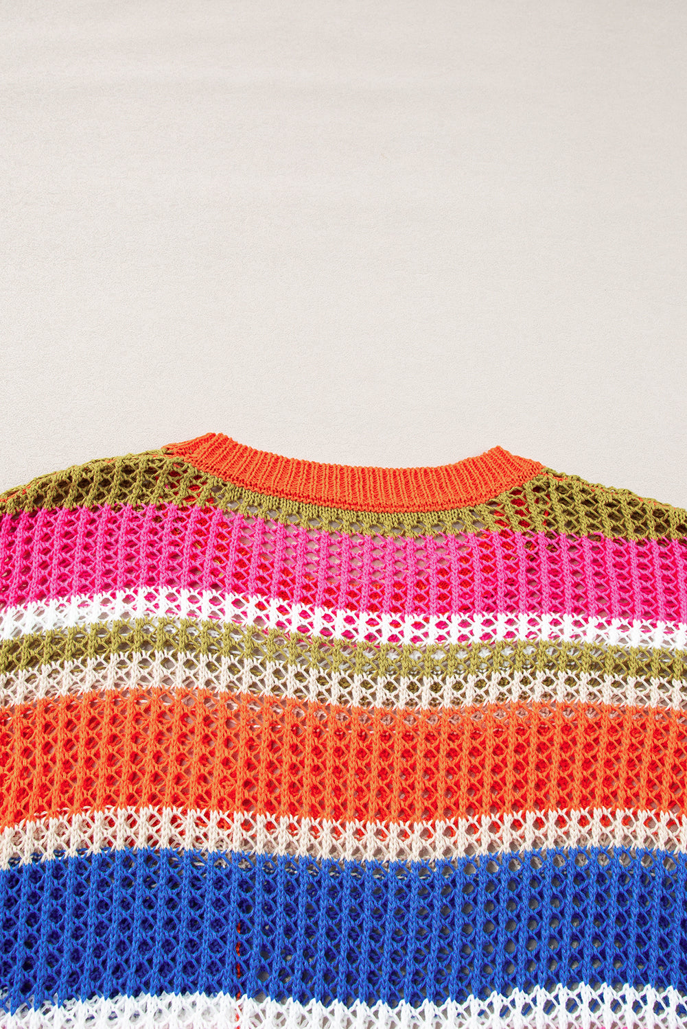 Pink Striped Color Block Hollow Crochet 3/4 Sleeve T Shirt