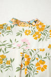 Sky Blue Floral Print Ruffled Long Sleeve Crochet Trim V Neck Blouse