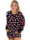 Black Heart Shape Print Long Sleeve Top and Shorts Loungewear Set