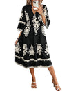 Black Print 3/4 Sleeve Loose Midi Dress