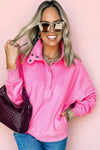 Bright Pink Half Button Collar Drop Shoulder Sweatshirt