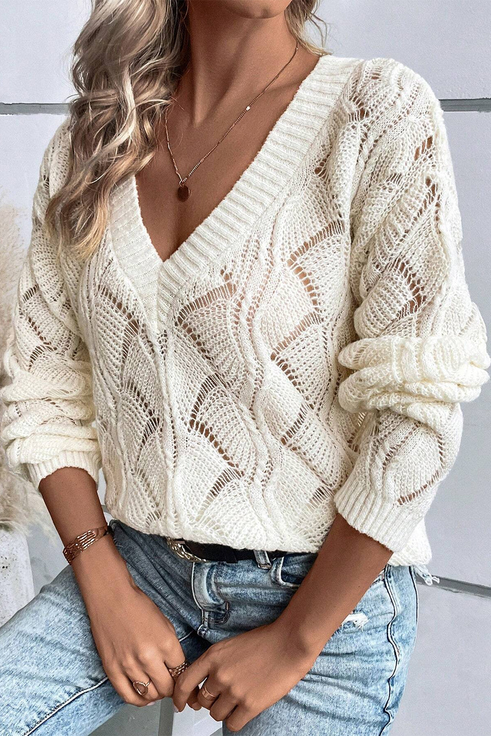 Sweaters Beige Knit Hollow Out V Neck Drop Shoulder Sweater.