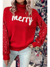 Racing Red Merry Graphic Sequin Sleeve Christmas Sweater