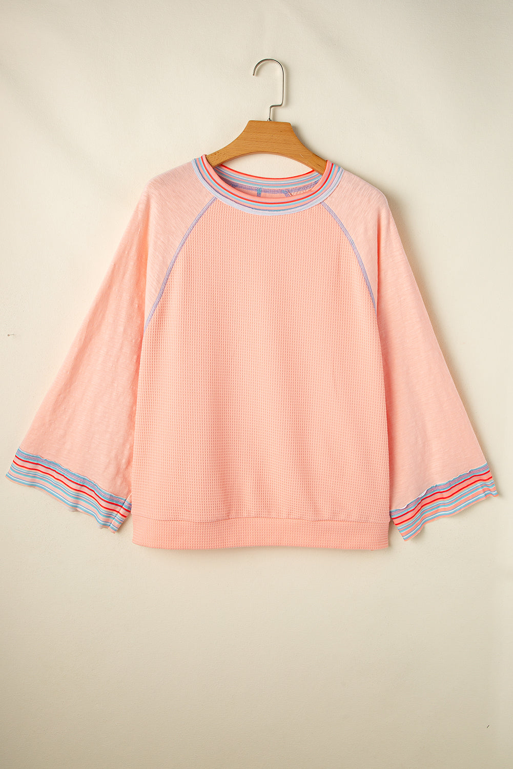 Grapefruit Orange Patchwork Long Sleeve Waffle Top