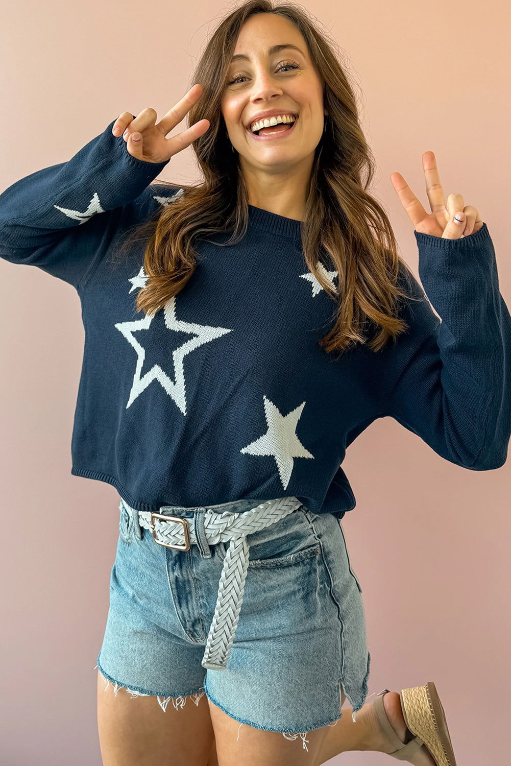 Sail Blue Star Print Drop Sleeve Cable Knit Sweater