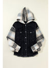 Black Patchwork Plaid Sleeve Frayed Hem Hooded Denim Jacket