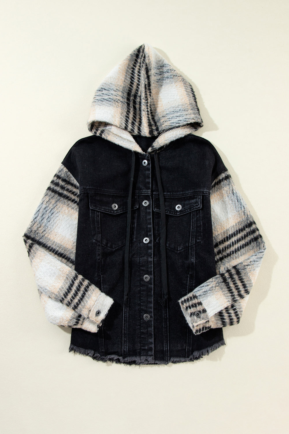 Black Patchwork Plaid Sleeve Frayed Hem Hooded Denim Jacket