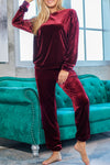 Red Solid Velvet Round Neck Top & Drawstring Pants Longe Set