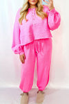 Bright Pink Plus Size Henley Pullover and Jogger Pants Two Piece Set