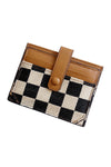 Coffee Leather Checkered Canvas Patchwork Card Wallet