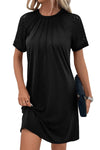 Dark Brown Contrast Lace Raglan Sleeve Pleated Detail Shift Dress