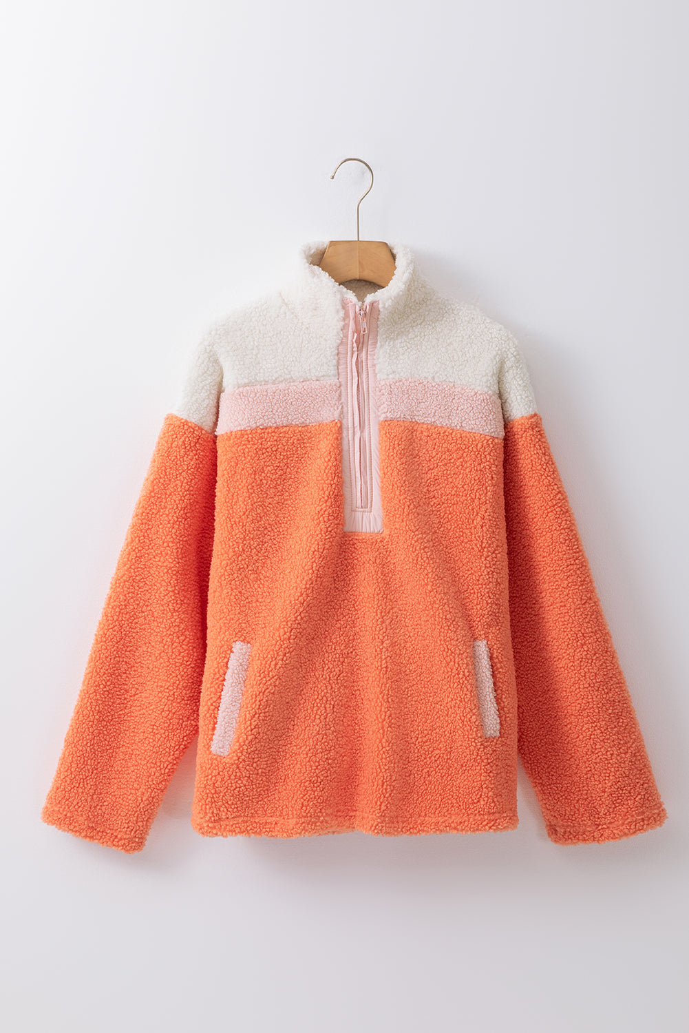 Orange Colorblock Zipper Stand Neck Sherpa Sweatshirt