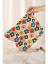 Red Colorful Flower Printed Rib Textured Cosmetic Bag