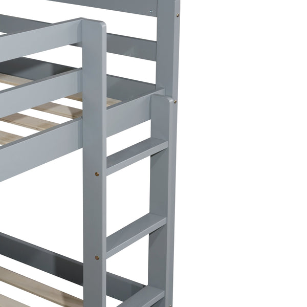 Solid Wooden , Solid Rubber Wooden Twin over Twin Floor Bunk Bed with Ladder ,Upper and Bottom Bed Platforms crafted with Strengthened Slats ,Grey