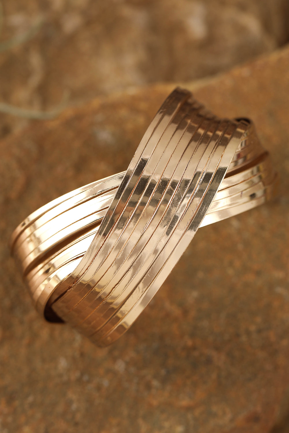 Gold Textured Crossover Metal Cuff Wide Bracelet