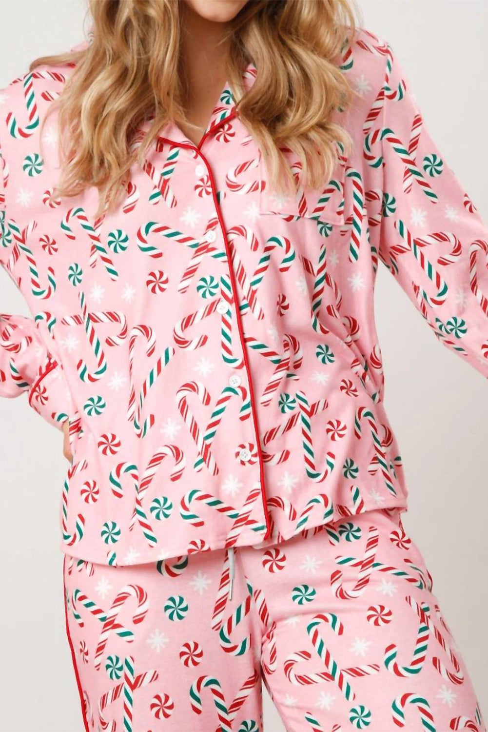 Pink Christmas Candy Cane Print Collar Shirt and Pants Pajamas Set