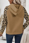 Light Beige Leopard Patchwork Raglan Sleeve Half Buttons Hoodie