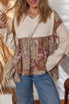 Beige Paisley Ethnic Print Waffle Patchwork Long Sleeve Loose Top