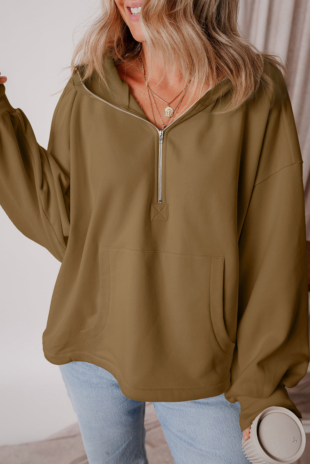 Smoke Green Half Zipper Kangaroo Pockets Drop Shoulder Hoodie