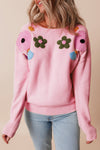 Crochet Flower Round Neck Dropped Shoulder Sweater - Cocoa Yacht Club